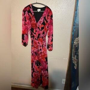 Premier Amour Black and Pink Floral Long Sleeve Dress